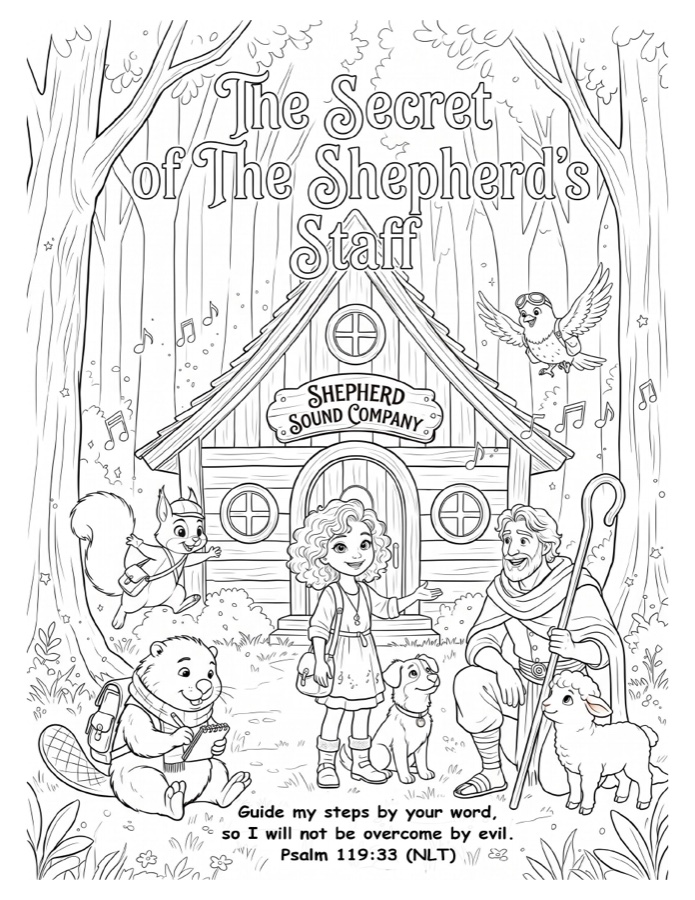 The free printable coloring page: Nancy, the shepherd, Lambsie and friends outside the Shepherd Sound Company cabin