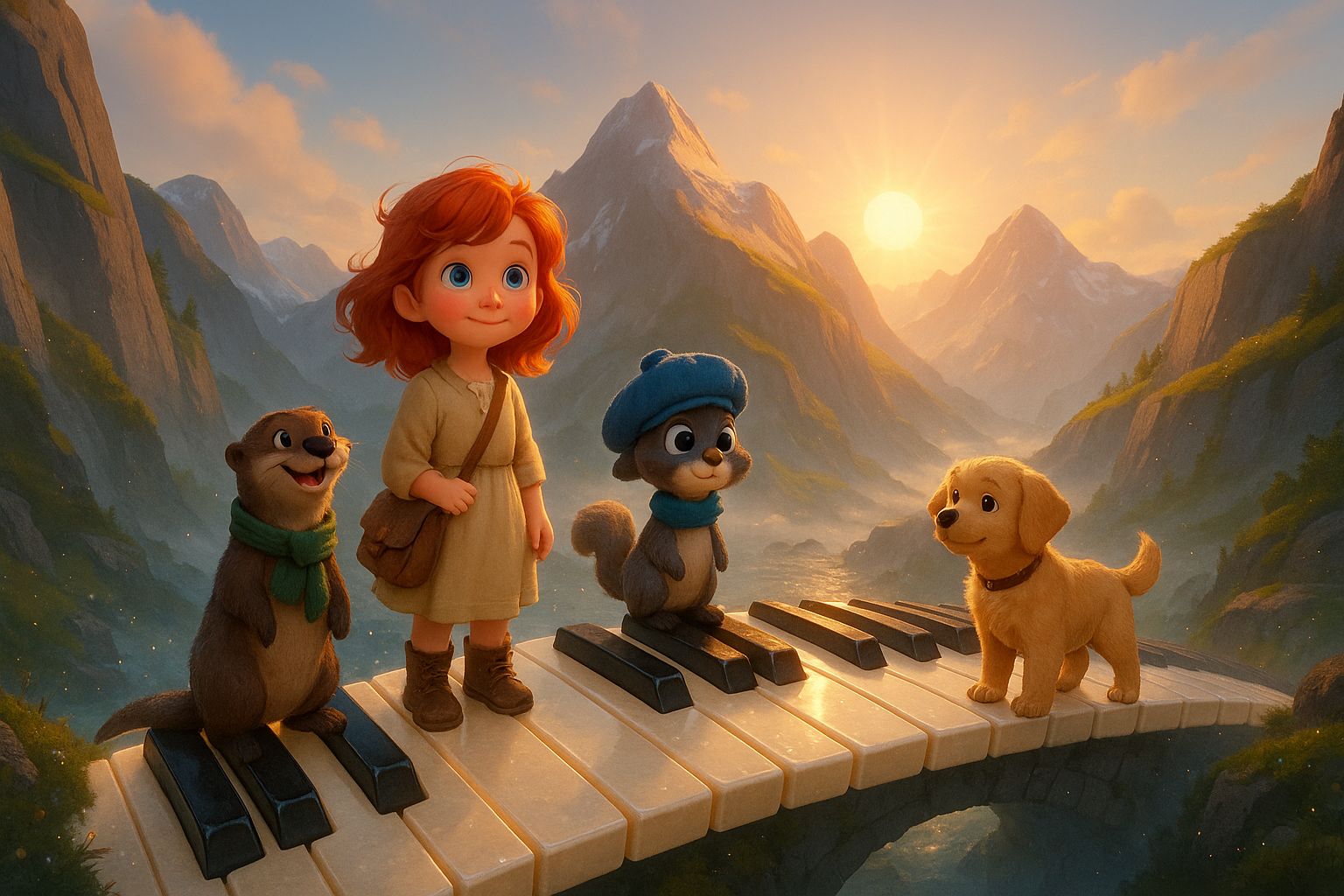 Characters on piano keys at sunset in mountains
